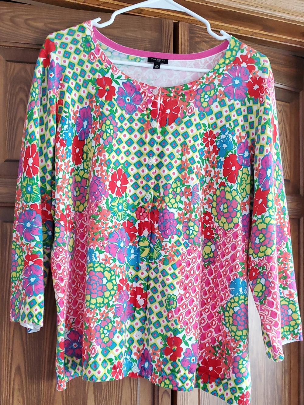 Talbots Pink Floral-Print Long Sleeve Button-Front Sweater